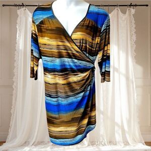 MLLE GABRIALLE Plus Size Multi- Color Stripped Wrap 1/2'Sleeve Midi Dress 3X